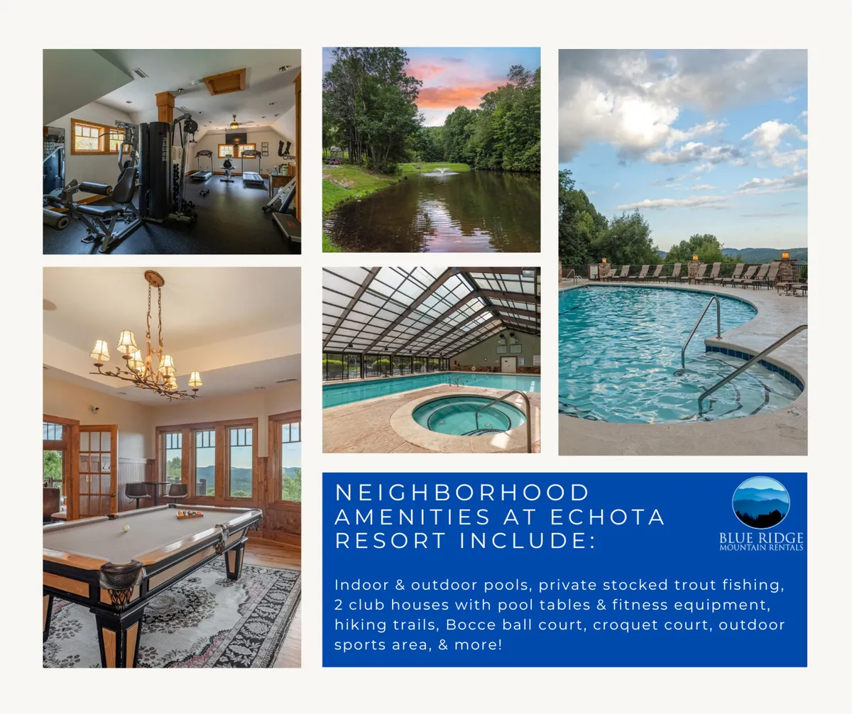 This image showcases several resort amenities in one scene: a fitness center with modern equipment, a billiards table, an indoor pool, and glimpses of the outdoor pool as well as scenic mountain views. The atmosphere is both relaxed and active, capturing the variety of recreational opportunities available to guests.